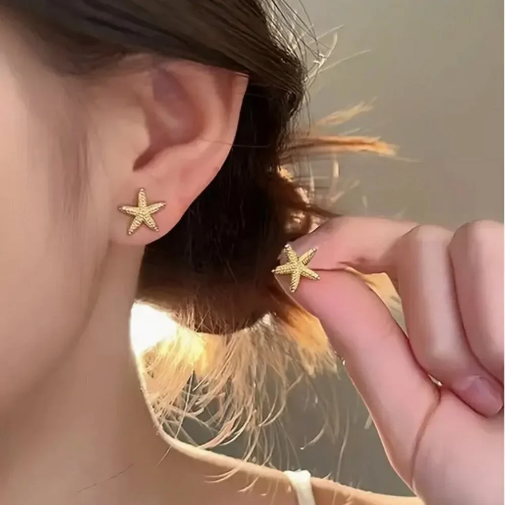 Starfish Gold Tone Stud Earrings, Vacation Style